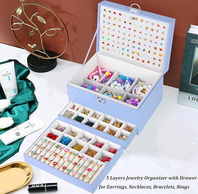 Earrings Jewelry Box for Girls, 5 Layers Jewelry Organizer with Earring Holder Organizer for Girls Earring Organizer Jewelry Boxes for Women Earrings and Necklaces Jewelry Box Organizer Blue