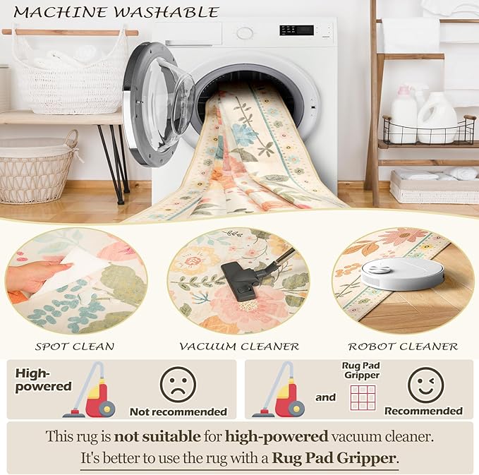 Floral 8ft Area Rug Machine Washable Soft Print Boho Carpet Non Slip Doormat Low Pile Flower Area Rugs for Living Room Bedroom Nursery Kitchen Dining Room Indoor-Beige/White/Orange