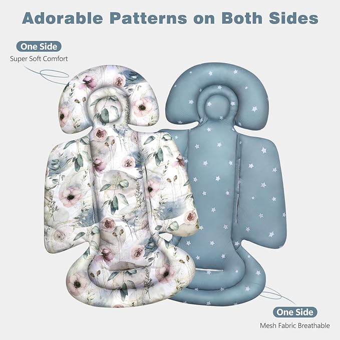 Upgraded Infant Car Seat Insert, 2-in-1 Reversible Baby Car Seat Head Support with 3 Strap Covers, All Seasons Newborn Car Seat Insert and Baby Carseat Cushion for Stroller, Swing, Rocker, Bassinets