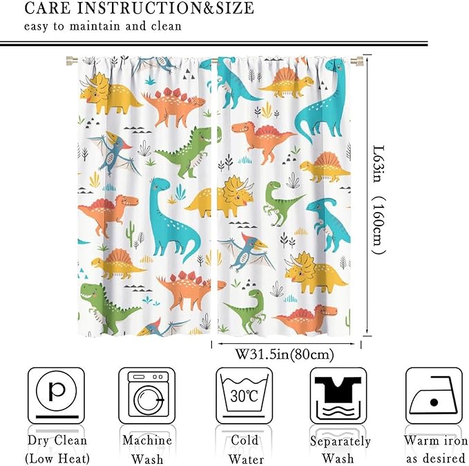 Kids Dinosaur Curtains for Boy Girl Bedroom Decor Cartoon Dino Colorful Cute Funny Animal Wildlife Printed Blackout Rod Pocket Window Drapes for Baby Nursery Playroom Living Room W31.5xL63in 2 Panels