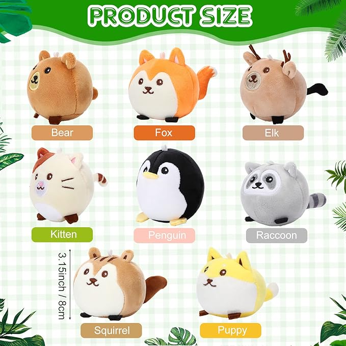 Aoriher 8 Pcs Mini Woodland Animals Plush Toys 3.15 Inch Soft Stuffed Animals Ornaments Bulk Colorful Woodland Keychain for Birthday Baby Shower Party Decors Classroom Prizes(Regular Style)
