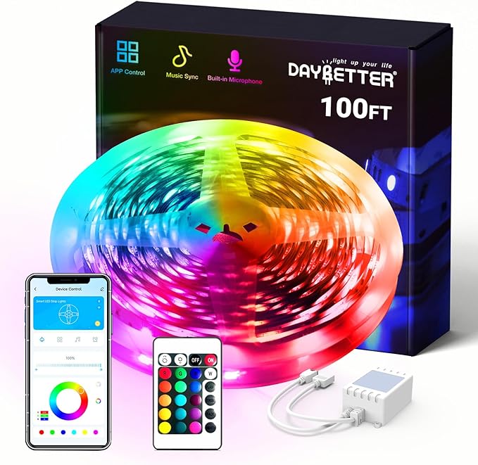 DAYBETTER Smart RGB Led Strip Lights, 100ft Led Lights for Bedroom with App Control, Multicolor Changing Led Light Strips Apply for Home Decor, Living Room, Kitchen, Home Party Decoration