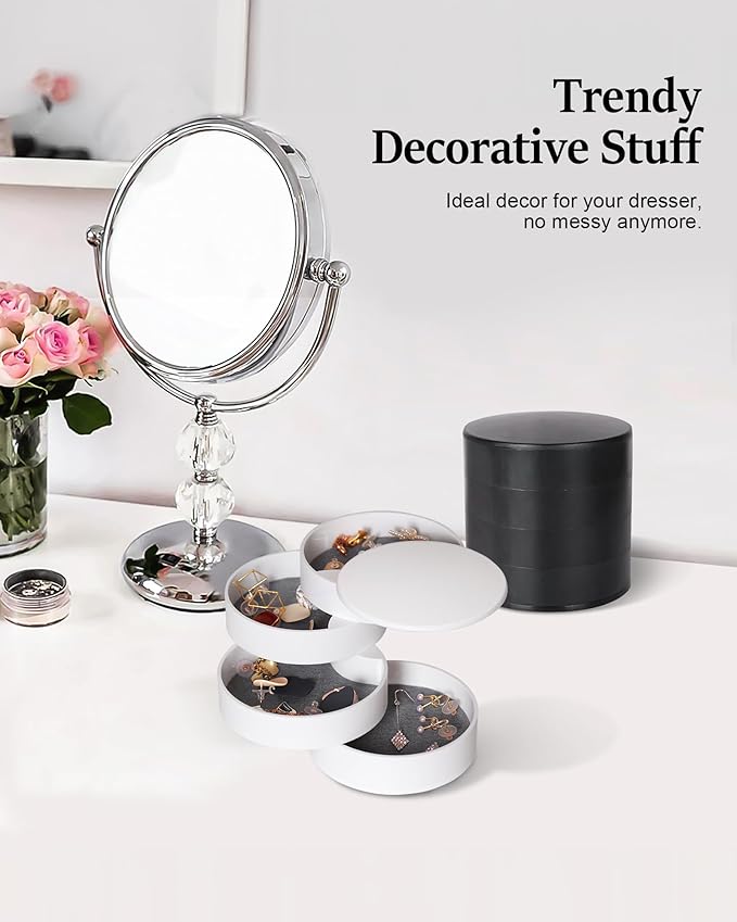 CONBOLA Jewelry Organizer, Small Jewelry Storage Box Earring Holder for Women, 5-Layer Rotating Travel Jewelry Tray Case with Lid for Bracelets Rings Bracelets, Gift for Women Teen Girls(White)