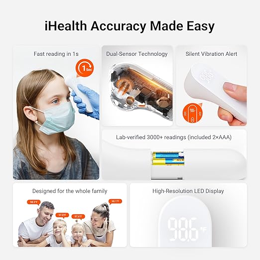 iHealth No-Touch Forehead Thermometer for Adults, Kids, Babies - 1s Fast Accurate, 3 Ultra-Sensitive Sensors, Quiet Vibration Feedback, Digital Large LED Digits, Easy to Use for Home & Nurses, PT3