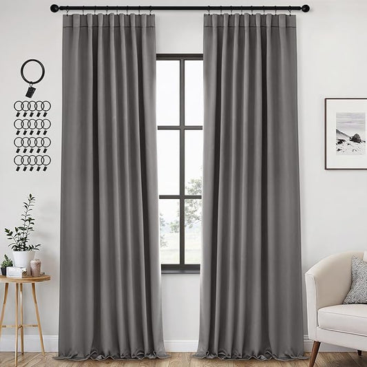 ANRODUO Back Tab Blackout Curtains for Bedroom Living Room, Rod Pocket Pinch Pleated Thermal Insulated Room Darkening Curtains 96 Inches Long 2 Panels, Grey, 42 x 96 Inch