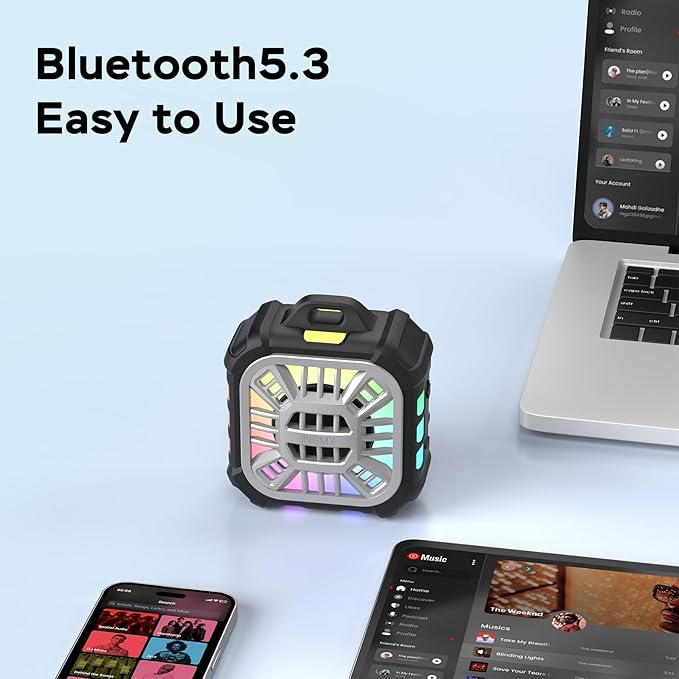 INSMY IP67 Waterproof Bluetooth Speaker, Shower Speaker Portable Small Clip-on, Multi Sync 100+ Speakers, Big Volume Booming Bass, 24H Playtime/Floatable/RGB Lights for Outdoor/Kayak/Beach (Black)