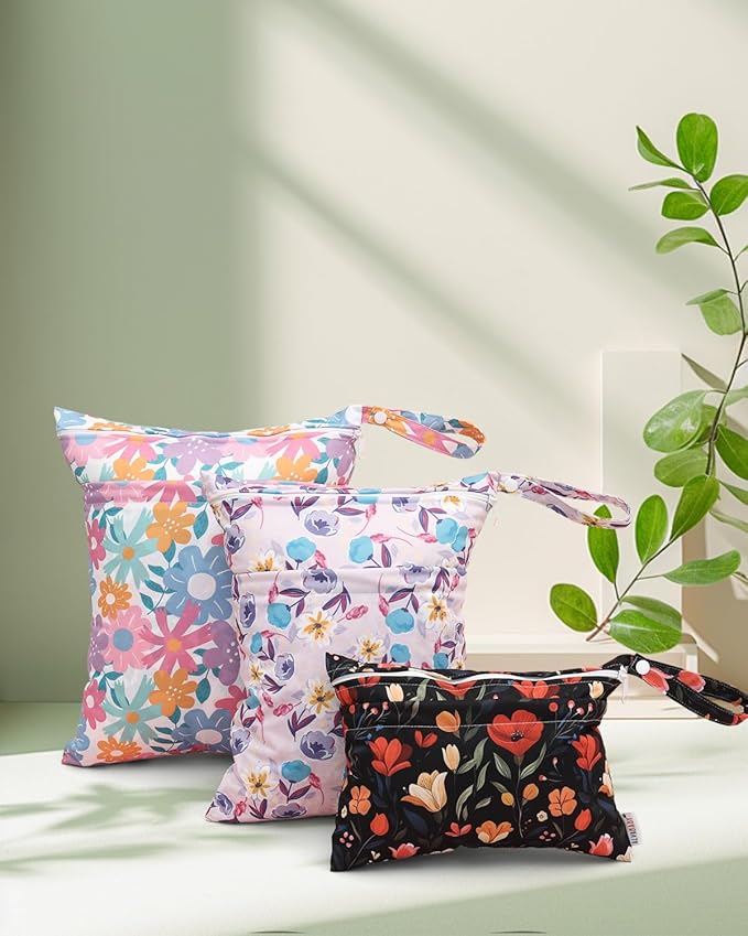 ALVABABY 3 Cloth Diaper Wet Dry Bags Waterproof Reusable with Two Zippered Pockets Travel Beach Pool Daycare Soiled Baby Items Yoga Gym Bag for Swimsuits or Wet Clothes Small medium Large 3L-SML07