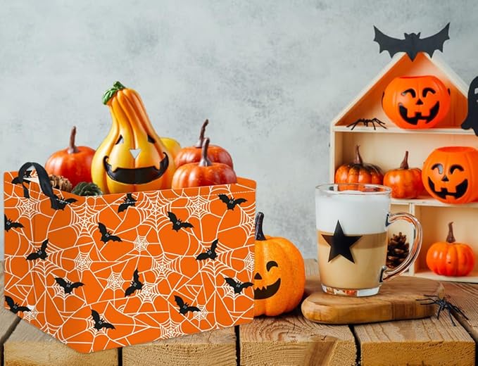 HIYAGON Rectangular Halloween Basket for Boys and Girls Kids Trick or Treat Pumpkin Basket for Halloween Parties Cute Storage Bin Organizer Box Room Decor(Bat spider web)