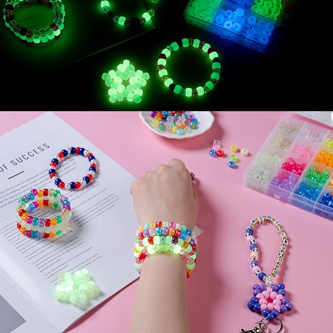 5 Boxes Bracelet Making Kit Pony Beads, 6x9mm Kandi Rave Beads & Hair Beads Set with UV Color Changing, Glow-in-Dark, Chrome & Alphabet Letters for Friendship Jewelry DIY Crafts