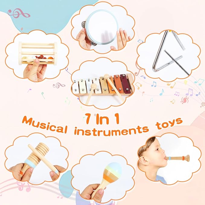 Baby Musical Instruments Neutral Colors Percussion Instruments Set Montessori Wooden Toys for Toddlers 1-3 with Xylophone for Kids Preschool Educational 3+ Wood Musical Toy 8pcs