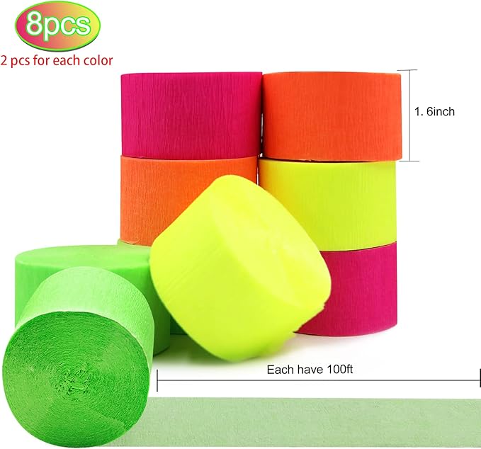 800Feets Neon Glow in The Dark Party Supplies - UV Reactive Fluorescent Crepe Paper Streamers for Wedding, Birthday, Fiesta Decorations