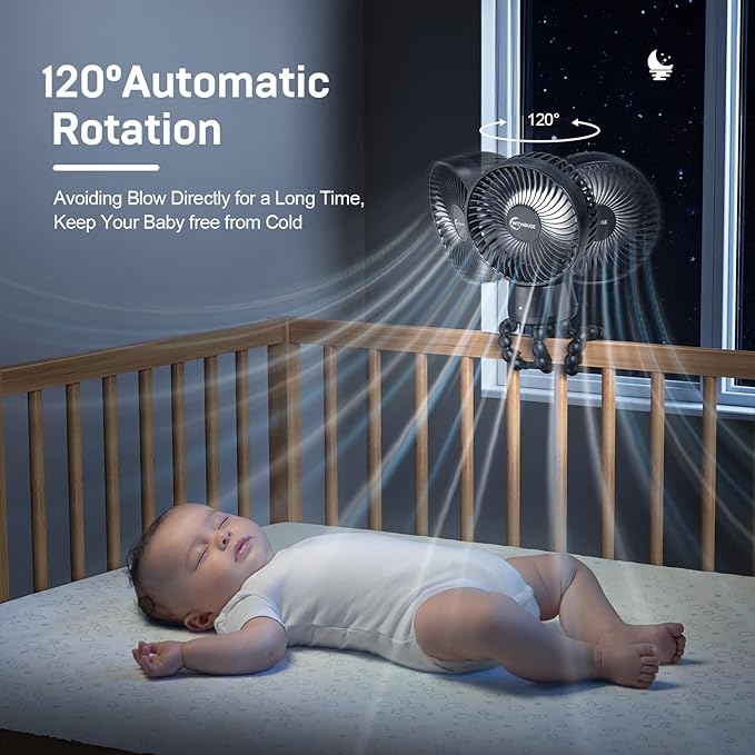 20000mAh Portable Stroller Fan, 120° Auto Oscillation, 3-IN-1 with Power Bank LED Light Detachable Flexible Tripod Rechargeable Battery Powered Clip On Fans Desk for Baby Crib Car Seat Travel