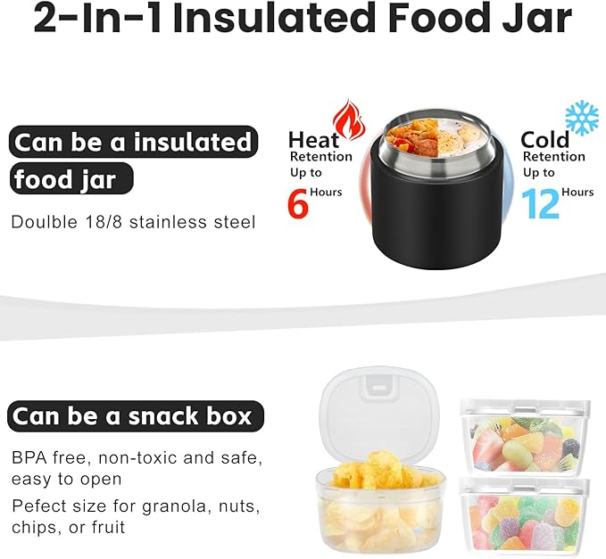 2-in-1 Insulated Food Jar & Snack Container - 15oz Kids Soup Thermos for Hot Food with Handle and Spoon, Leak Proof Reusable Toddler Snack Box, Perfect for School & Travel, Black