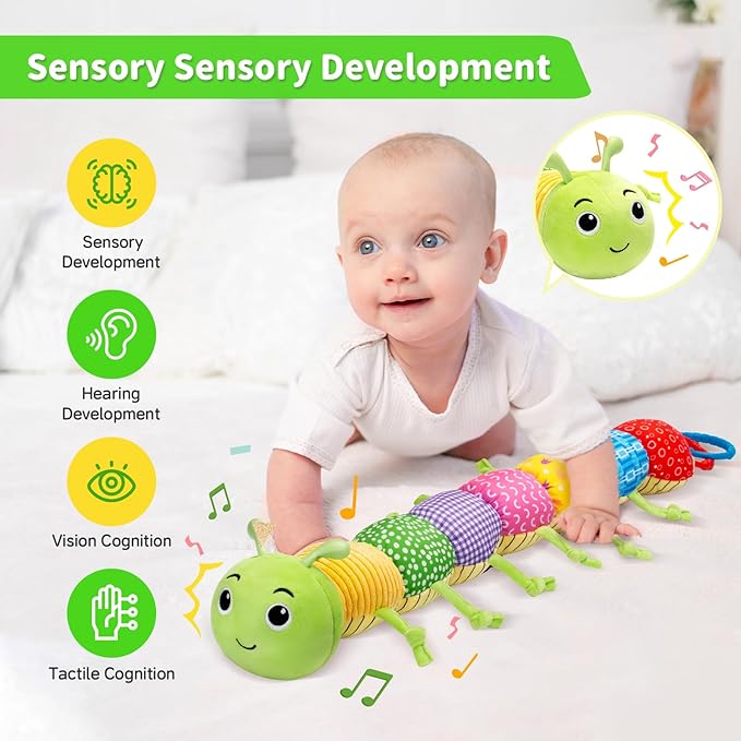 Baby Toys, Musical Plush Stuffed Toy for Newborn 0-3 0-6 3-6 6-12 Months Old, Animal Soft Rattle Sensory Toys with Teether for Tummy Time, Infant Boy& Girl Easter Gifts, Caterpillar