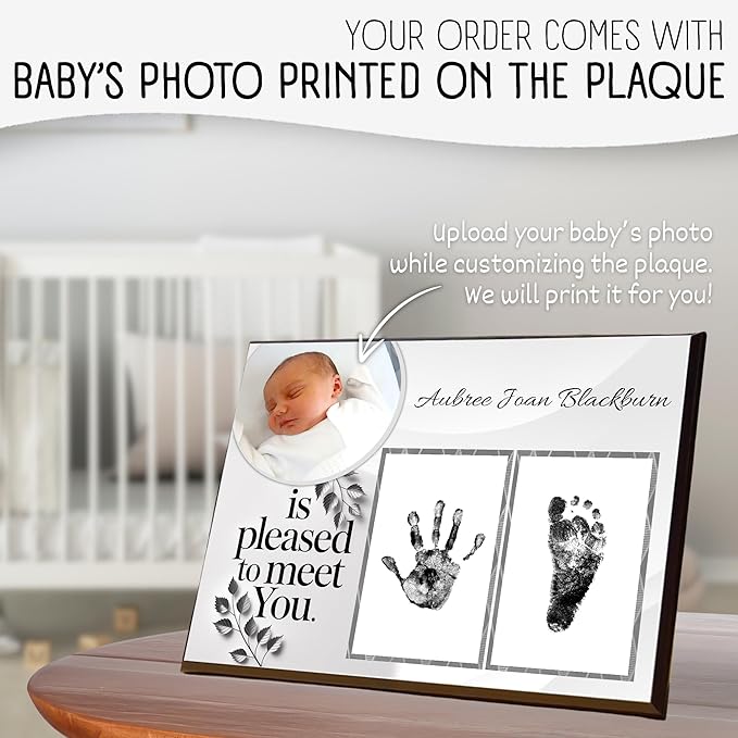 Baby Hand and Footprint Kit with Photo & Birth Details, Inkless Hand and Footprint Kit, Newborn Keepsake Plaque, Baby Shower Gifts (STYLE 1 (Fully Personalized) (Is Pleased To Meet You))