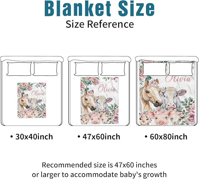 Custom Name Crib Bedding Set - Horse & Cow Pattern, Personalized Floral Nursery Bedding 3-Piece Set– Soft Blanket, Fitted Sheet, Changing Pad Cover – for Newborns Girls Nursery Gifts