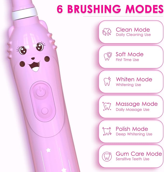 Kids Sonic Electric Toothbrush, Rechargeable Smart Toothbrush for Children, Toothbrush for Toddlers Boys Girls Age 3-12 with 30s Reminder, 2 Mins Timer, 6 Modes, 6 Brush Heads