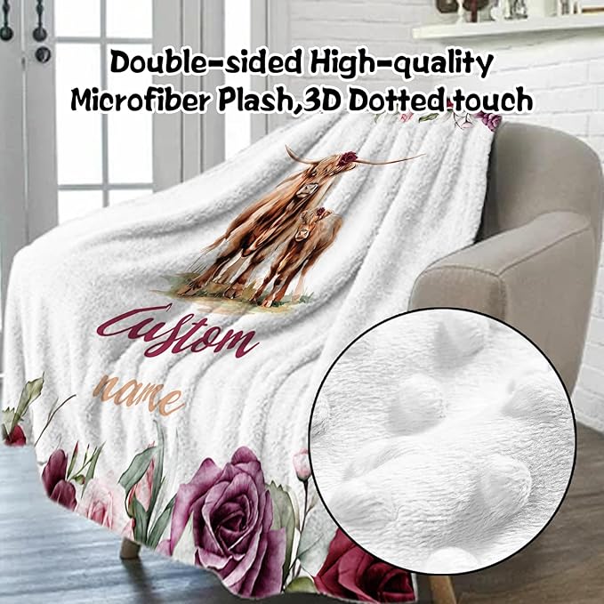 Custom Nursery Crib Bedding Set: Personalized Name 4 Piece Rose Highland Cow Design Baby Crib Sets for Girls - Toddler Double Layer Blanket Set, Comfortable Crib Bed Sheets for Baby Toddlers