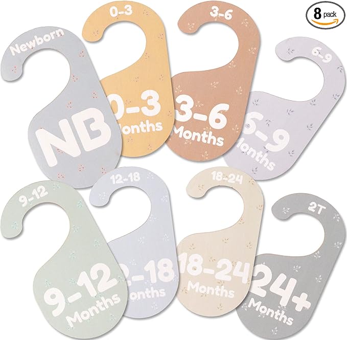 Baby Closet Dividers for Clothes Organizer - Set of 8 Adorable Wooden Double-Sided Baby Clothes Size Hanger Organizer from Newborn to 24+ Months for Nursery Beautiful Minimalist Decor