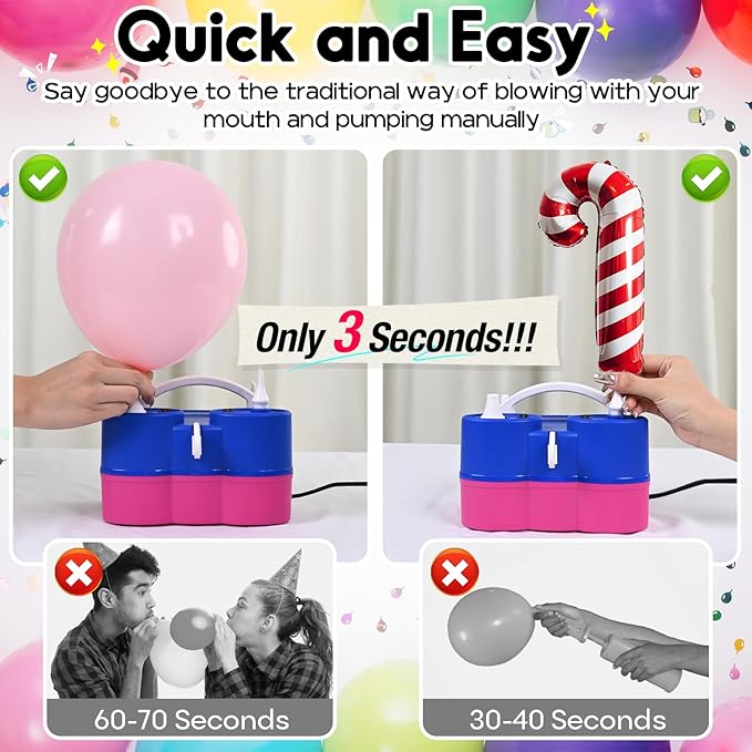 3-in-1 Electric Balloon Pump, Portable Air Pump for Latex 260q Foil Balloons, Dual Nozzle Balloon Blower Machine for Party Decoration, 110V AC Inflator Deflator for Inflatables Pool Floats Mattress