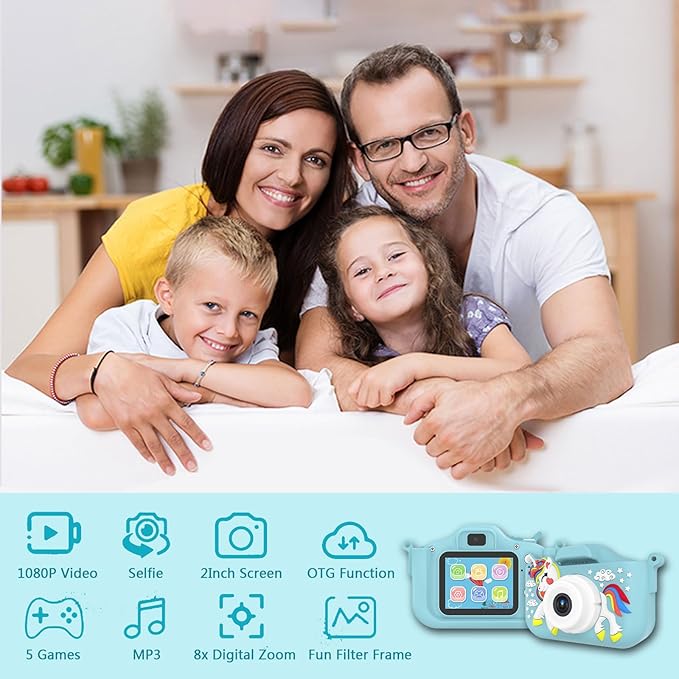 Kids Camera Toys,48MP Dual Lens with 64G SD Card and Cartoon Soft Cover for 3-8 Year Old Girls Boys (BlueDJS)