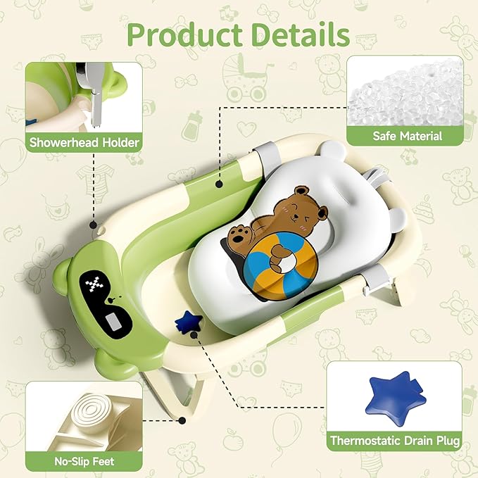 Collapsible Baby Bathtub for Newborn to Toddler (0-18 Month) - Portable Baby Bath Tub for Travel, Newborn Bathtub with Soft Towel and Floating Cushion (Green)