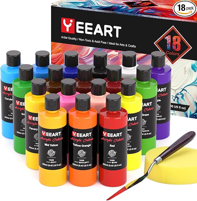 Acrylic Paint Set - 18 Colors, 8.45oz Large Bottles, Rich Pigmented Canvas Paint for Artists, Kids & Adults - Premium Non-toxic Art Supplies