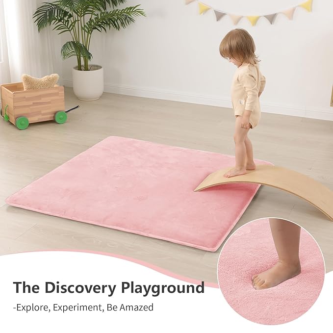 Baby Play Mat for Floor,1.3" Thick Elasti-Foam 50"×50" Playpen Mat for Tummy Time,Water Repellent Soft Coral Velvet for Toddler,Infant,Kids,Non-Slip Backing Safe for Crawling(Pink)