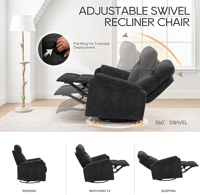 COLAMY Swivel Recliner Chair with Footrest, High Back with Double-Layer Cushion, Glider Recliner for Nursery & Living Room, Bedroom, Dark Grey