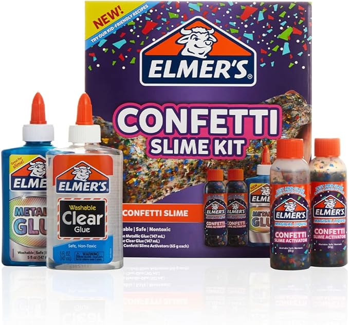 Elmer’s Confetti Slime Kit, Slime Supplies Include Metallic Glue, Clear Glue, Confetti Magical Liquid Activator, 4 Count - Perfect for Parties, Gift, Kids Activity Time