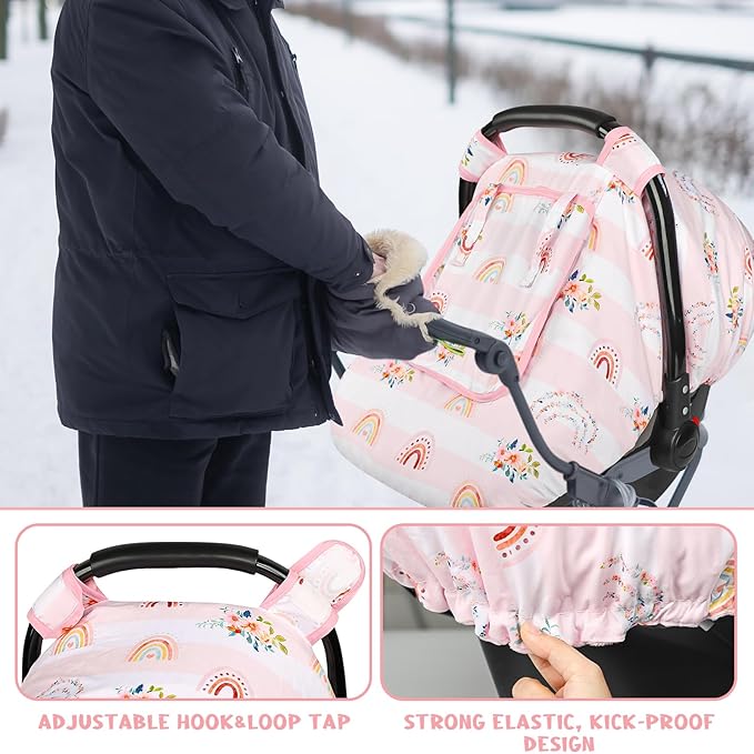 Pea Pod Car Seat Cover Baby, Infant Car Seat Canopy Covers for Newborn with 2 Layers Windows of Breathable Mesh Fabric, Lightweight Polyester/Soft Minky Dot Backing (Floral & Rainbow)