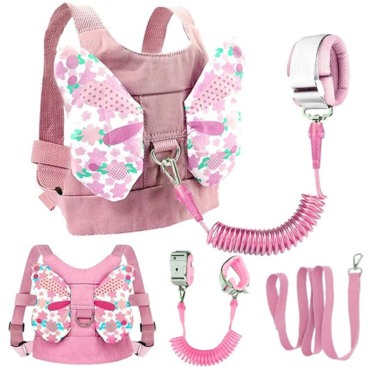 Anti Lost Toddler Harness - Butterfly Baby Leash and Wrist Link with Lock, Child Walking Harness Assistant for Girls, Cute Traction Safety Leash for Kids, Holiday Travel Christmas Gift, Pink
