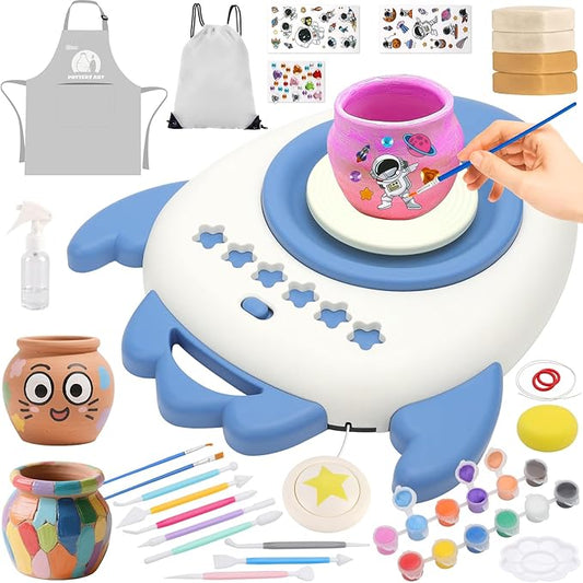 deAO Pottery Wheel for Kids Complete Painting Set for Beginners Mini Pottery Wheel Kit with Air Dry Clay Tools, Arts & Crafts Clay Wheel Toys Birthday Gifts for Girls Boys Age 3+ (Blue)