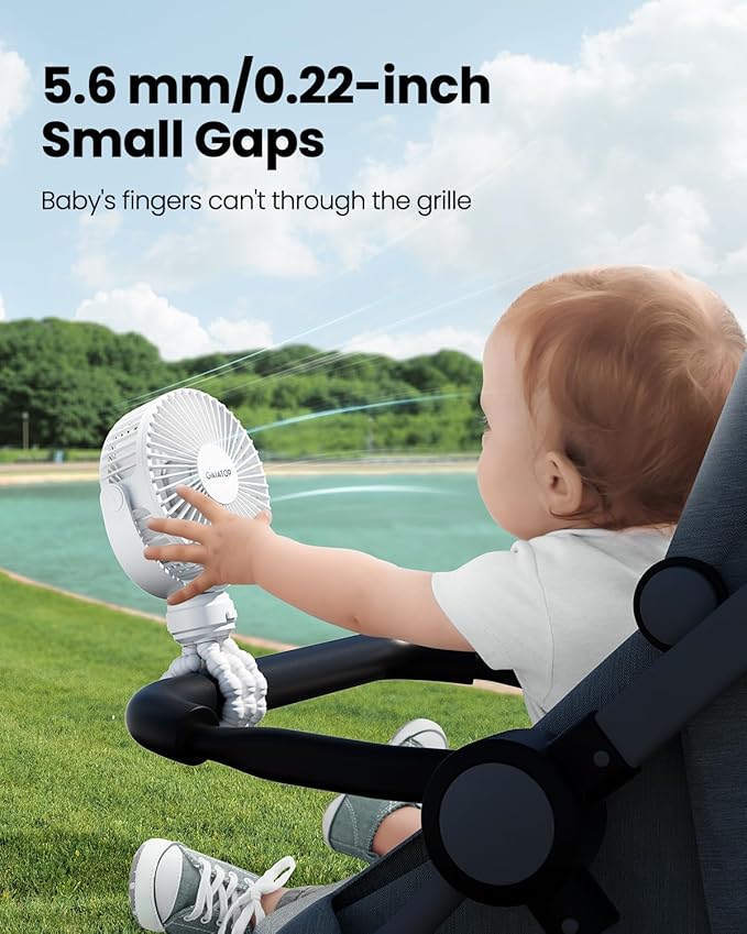 Gaiatop Mini Portable Stroller Fan, Battery Operated Small Clip on, Detachable 3 Speed Rechargeable, 360° Rotate Flexible Tripod Better Cooling for Car Seat Crib Treadmill Travel White