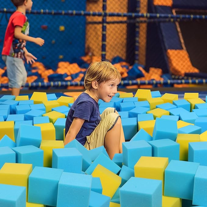 Foam Pit Cubes, 24 PCS 5 Inches Gymnastics Foam Blocks Trampoline Blocks, Multi-Sport Protective Padding for Freerunning, Trampoline, Parkour, Skate Parks & BMX - Blue & Yellow