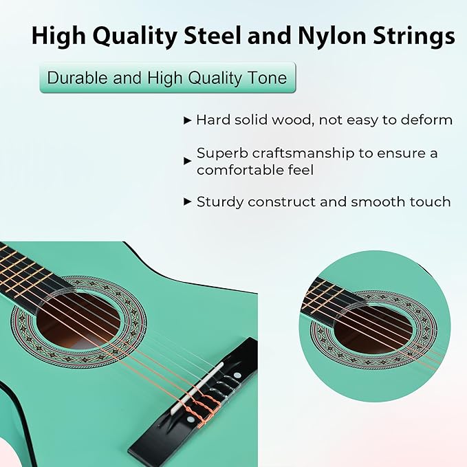 ADM Beginner Acoustic Classical Guitar 38 Inch Nylon Strings Wooden Guitar Bundle Kit for Kid Boy Girl Student Youth Guitarra Online Lessons with Gig Bag, Strap, Tuner, Strings, Cyan Green