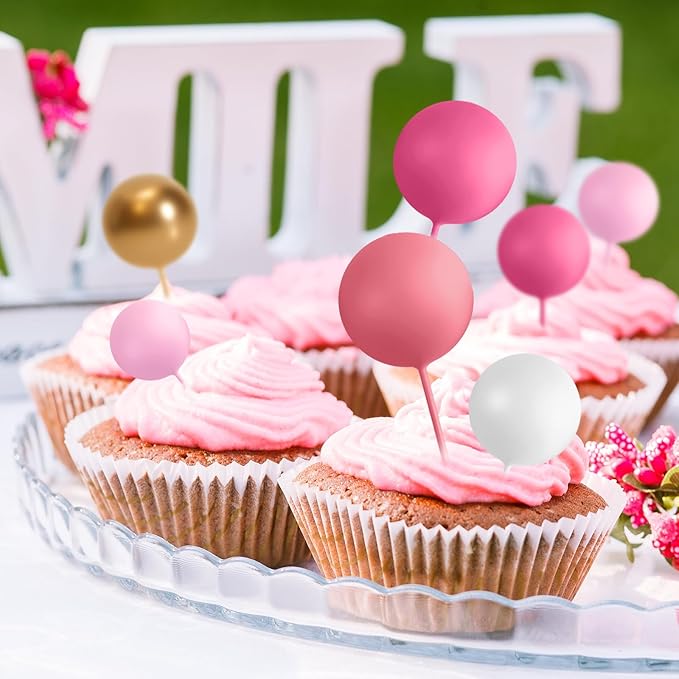 75 Pieces Cake Balls Topper Decorations Foam Cupcake Topper Mini Balloon Balls Cake Picks for Deco Birthday Party Wedding（Pink White Gold Series）