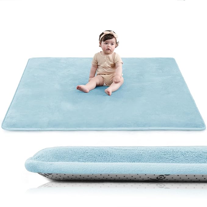 Baby Play Mat for Floor,1.3" Thick Elasti-Foam 50"×50" Playpen Mat for Tummy Time,Water Repellent Soft Coral Velvet for Toddler,Infant,Kids,Non-Slip Backing Safe for Crawling(Light Blue)