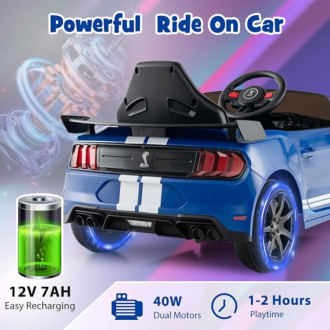 Costzon Ride on Car, 12V Licensed Ford Mustang Shelby GT500 Kids' Electric Vehicles w/Remote Control, USB Port, Radio, Music, Player, High Low Speed & Soft Start, Racing Kids Car for Toddler (Blue)