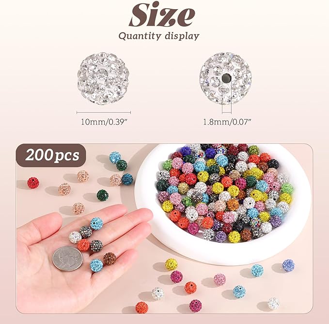 200pcs 10mm Rhinestone Beads for Jewelry Making, Olivine Shiny Round Disco Ball Beads Bulk, Sparkle Crystal Clay Christmas for Bracelet Baseball Necklace Earring Crafting and DIY