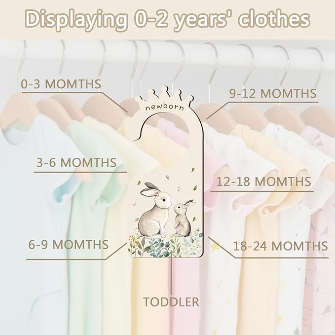 Baby Clothes Dividers for Closet - Set of 8 Wooden Baby Size Closet Dividers Newborn to 24 Months, Rabbits Babies Clothes Organizer for Boys Girl Nursery Decor Gender-Neutral Newborn Hangers Dividers