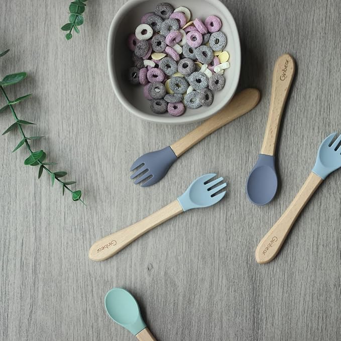 Ginbear Silicone Baby Spoons and Forks Self-feeding 12-18 Months, Soft Tip Baby Flatware Sets for Boy, Toddler Feeding Utensils for Child, 4 Piece Set (Gray/Blue)