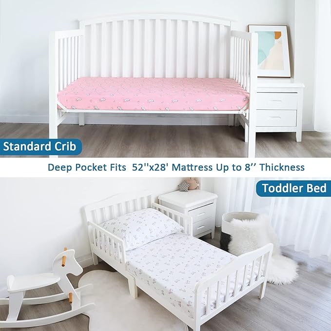 Girl Crib Sheets 4-Pack, Fitted Sheets 52'' x 28'' for Standard & Toddler Mattress, Soft Breathable Material, Neutral & Pink