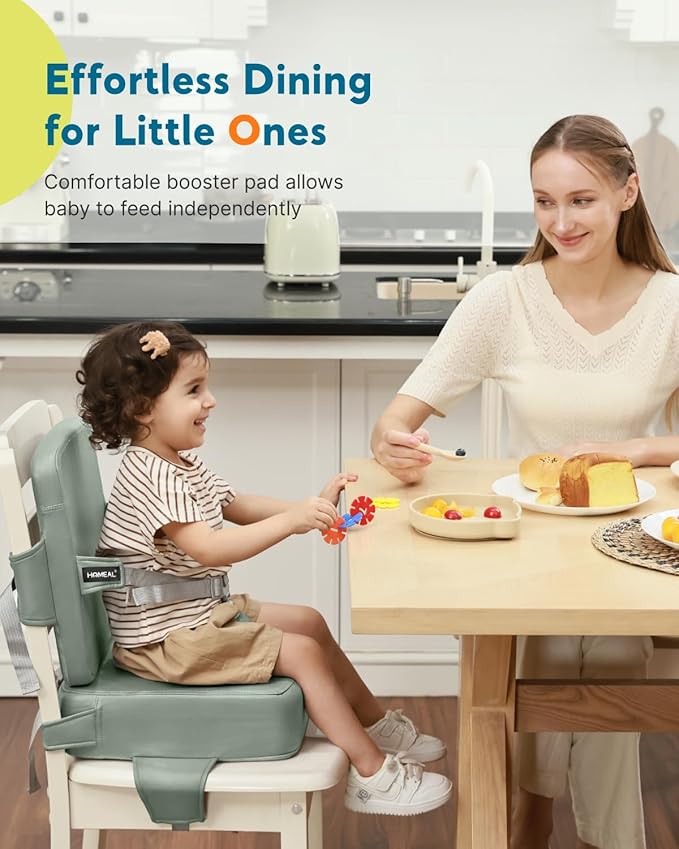 HOMEAL Toddler Booster Seat for Dining Table - Booster Seat for Kitchen Chair with Easy-Install Straps - Wipeable Surface & Removable Cover Easy to Clean -Breathable Fabric - Sage