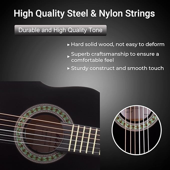 ADM Beginner Acoustic Classical Guitar 30 Inch Nylon Strings Wooden Guitar Bundle Kit for Kid Boy Girl Student Youth Guitarra Online Lessons with Gig Bag, Strap, Tuner, Extra Strings, Picks,Black 1