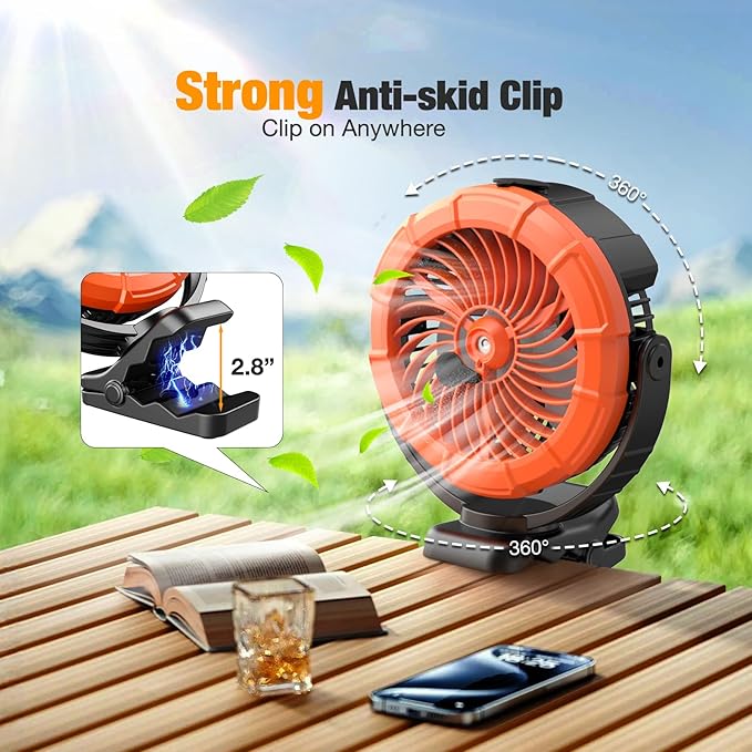 Ausic Portable Misting Clip on Fan, 100ml Camping Stroller Fan with LED, Max 45H Working Time Golf Cart Fans, 360° Rotate Cooling Spray, Outdoor Rechargeable Battery Fans for Travel/Home/Beach