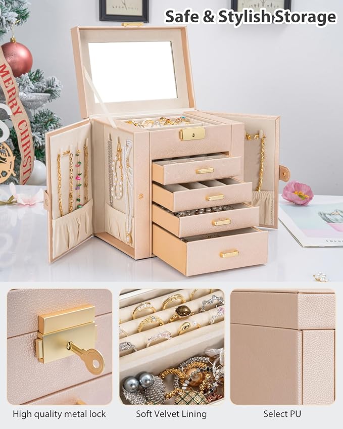 AKOZLIN 5-Tier Jewelry Box Leather Jewelry Storage Organizer with 4 Drawers Lockable for Women Girls Ring Necklace Earring Bracelet Watches Holder with Mirror Champagne