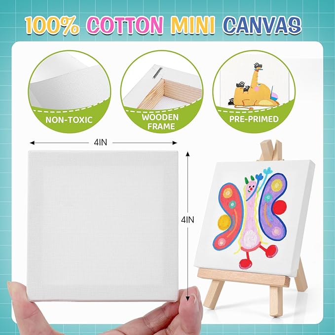 ESRICH 20 Set Mini Canvas Painting Kit, Minis Acrylic Paint Set, Valentines Day Gifts,4*4in Stretched Canvas with Easel, Acrylic Paints,Brushes,Palette,Mini Easel Canvas for Kids Adults Painting Party