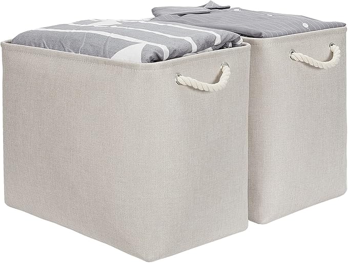DULLEMELO 2-Pack Large Storage Baskets for Organizing Canvas Fabric Storage Basket Bins With Rope Handles for Shelf Clothes Empty Gift Basket (Beige)