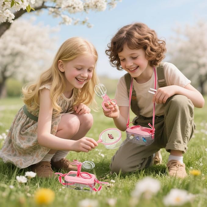 2 Set Bug Catcher for Kids- Educational Bug Catching Kit Including Butterfly Net, Insect Clip, Tweezer, Outdoor Toys for Kids Ages 3-10 (Pink)